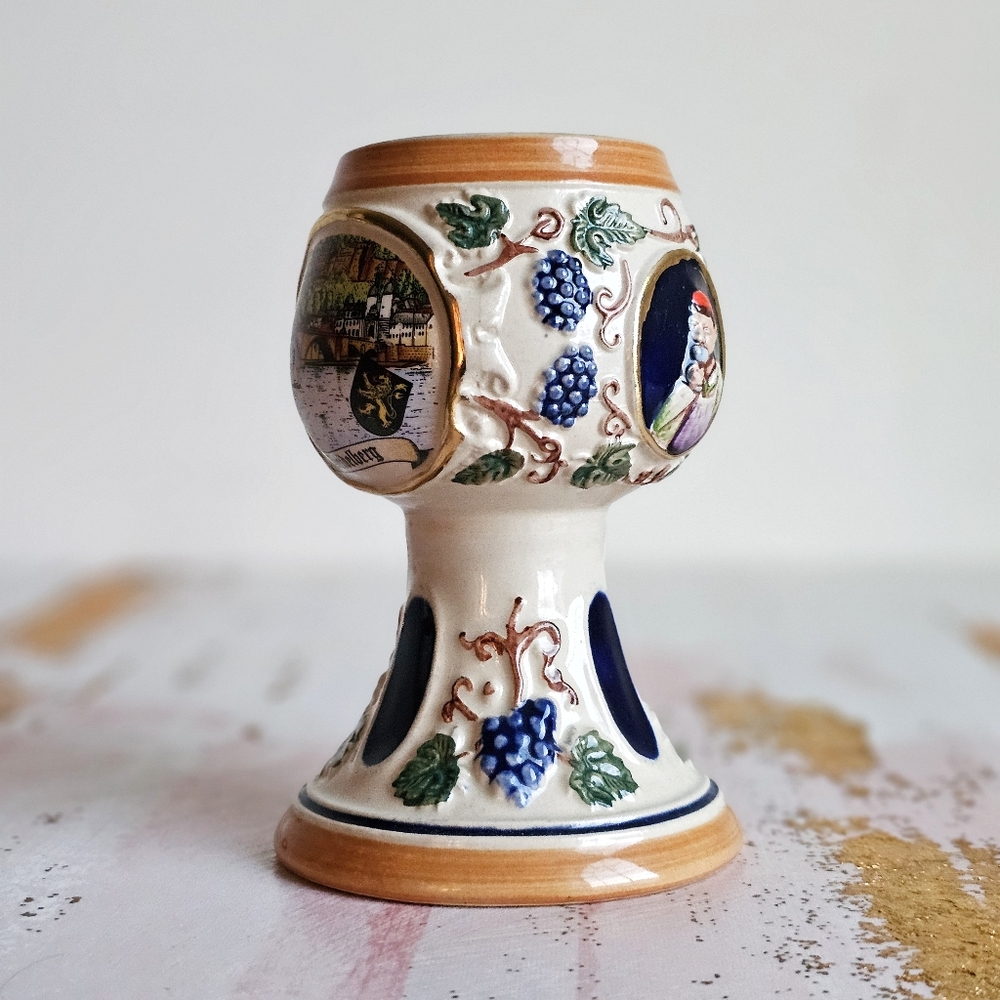 Hand Painted German Staffel Stoneware Ceramic Wine Goblets/ Cider Mug Embossed